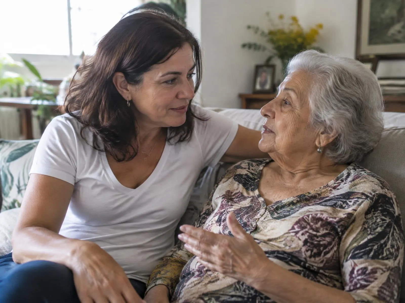 Filha adulta conversando com sua mãe idosa na sala de casa