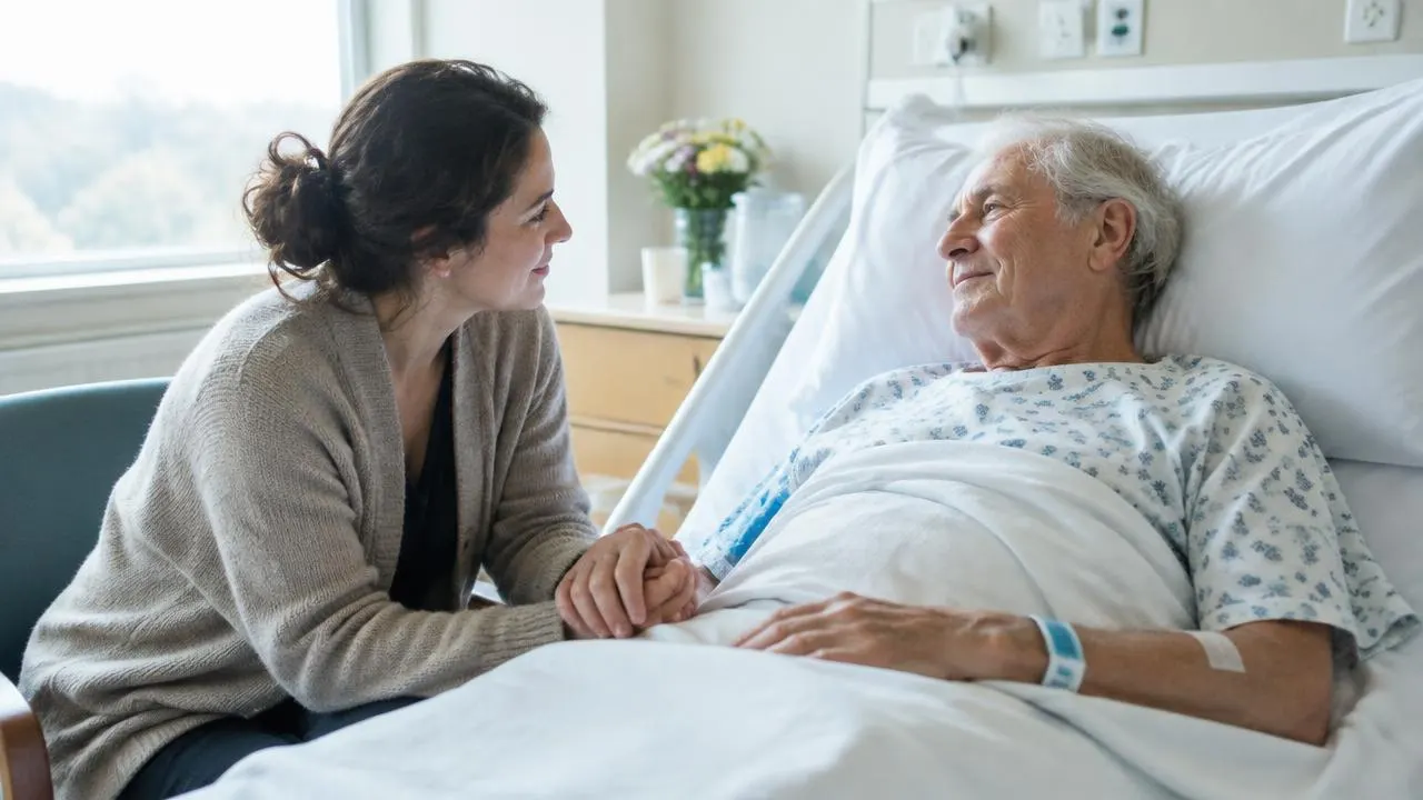 Acompanhante segurando a mão de um senhor internado no hospital